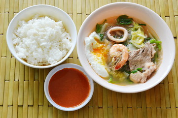 seafood sukiyaki soup with rice and sauce