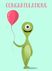 Bright Happy monster with colored balls. The flat style. Congratulations on the holiday.Vector concept background