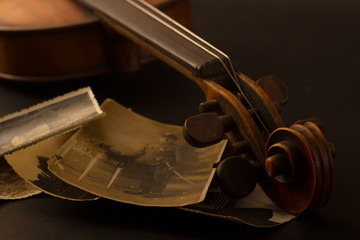 Old broken violin on black background