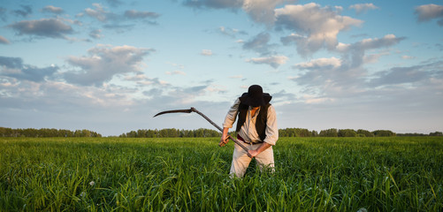 peasant mows grass in the field