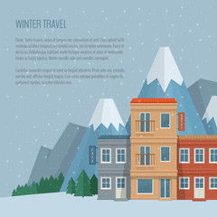 Winter travel and tourism concept. Street of the old town with cafe and hotel. Ski resort in the mountains. Flat style, vector illustration.