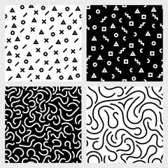 Monochrome seamless patterns vector set with abstract geometric shapes and strokes repetitive backgrounds