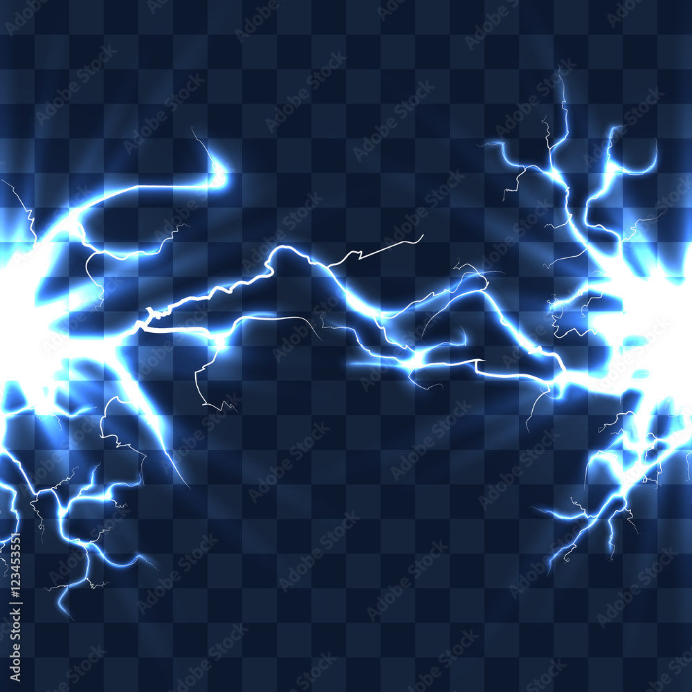 Wall mural electrical discharge with lightning beam isolated on checkered transparent background vector illustr