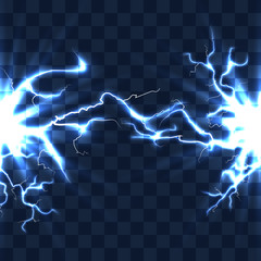 Electrical discharge with lightning beam isolated on checkered transparent background vector illustration