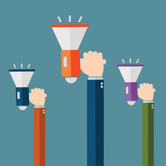 Hands holding megaphones on blue background vector