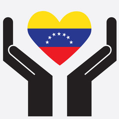 Hand showing Venezuela flag in a heart shape. Vector illustration.