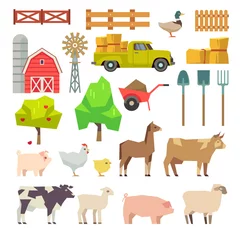 Fotobehang Boerderij Cartoon boerderijelementen, dieren, gebouw, gereedschap, bomen, landbouwmachines