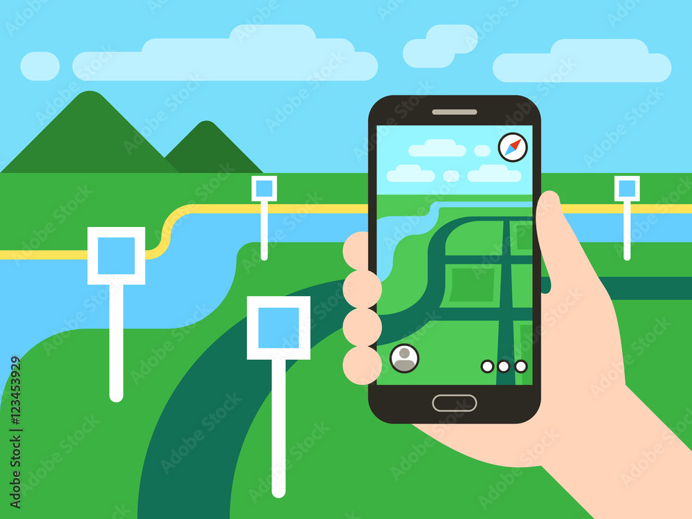 Poster smartphone with mobile gps navigation system and map pins. vector app game concept