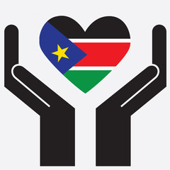 Hand showing South Sudan flag in a heart shape. Vector illustration.