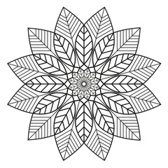 Mandala of leaves. Botanical icon and logo design template for homeopathy, alternative medicine, herbal therapy products. Black & white floral ornament for coloring book pages. 