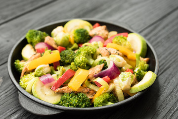 Roasted chicken with broccoli, zucchini, leek and brussels sprouts