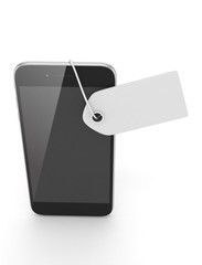 Smart phone with price tag on white background. Identification, price, label. 3D rendering.