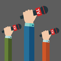 Journalism concept vector illustration in flat style. Set of hands holding microphones