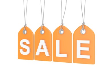 Orange isolated sale labels on white background. Price tags. Special offer and promotion. Store discount. Shopping time. 3D rendering.