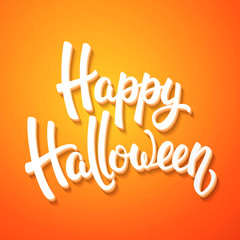 Halloween greeting card with white brush lettering on orange background. Decoration for poster, banner, flyer design. Vector illustration