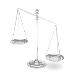 Isolated white silver scales on white background. Symbol of judgement. Law, measurement, liberty in one concept. 3D rendering.