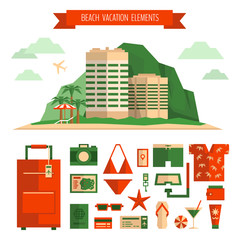 Beach vacation concept and object set. Things for summer travel.