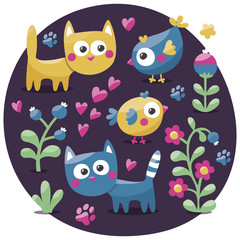 Cute animal floral set of cats, flowers, plants, leaf, friends kitten