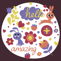 Cute animal set made with rabbit, hate, flowers, hearts, plants, words hello