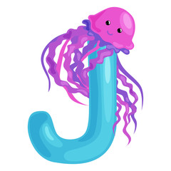 letter J with jellyfish animal for kids abc education in preschool.