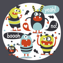 Cute set made with monsters, bubbles, fear, horror, flower, heart, words yeah, no