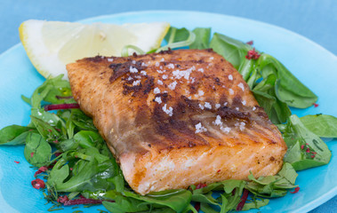 Gebratenes Lachsfilet mit Fleur de Sel auf gemischtem Salat