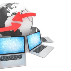Laptop network around earth globe. 3d rendering.
