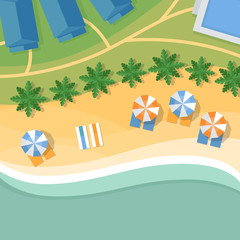 Top view of a tropical beach. Palm trees, umbrellas and lounge chairs on the beachfront. Summer holiday. Vector Illustration, flat design style.
