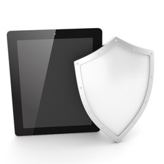 Tablet PC and shield on white device security concept. 3d rendering.