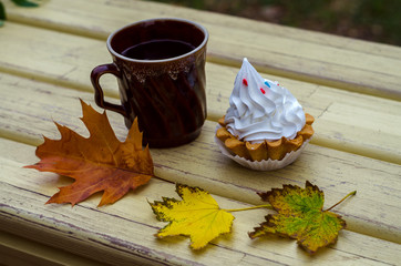 Naklejka na ściany i meble Autumn, maple leaves, mug, tea, basket