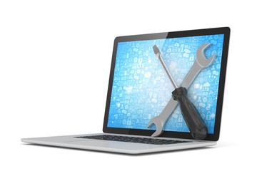 3D Illustration Wrench and screwdriver on laptop, service concept