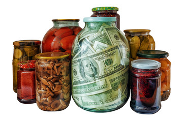 bank with dollars on a background of glass jars with canning veg