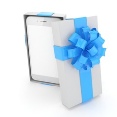 Smartphone in gift box. Isolated on white background. 3d rendering.