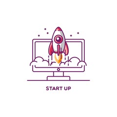 Vector illustration concept of new business project start up, development and launch a innovation product on a market. Rocket ship. Design element for your web site.