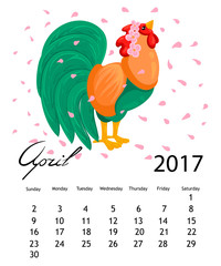 Calendar 2017 cock. Colorful rooster - the symbol of the Chinese New year.
