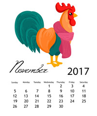 Calendar 2017 cock. Colorful rooster - the symbol of the Chinese New year.