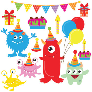Cute birthday monsters vector cartoon illustration