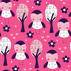 seamless cute pink bird pattern vector illustration