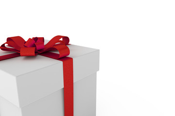 White gift box with red ribbon bow