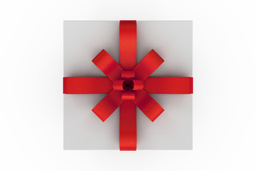 White gift box with red ribbon bow