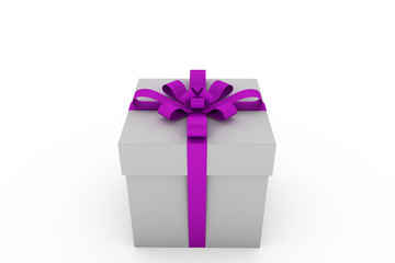 White gift box with violet ribbon bow