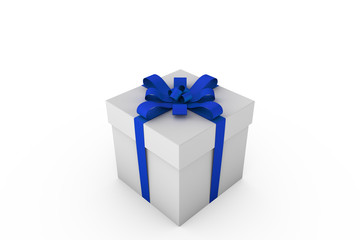 White gift box with blue ribbon bow