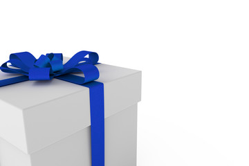 White gift box with blue ribbon bow
