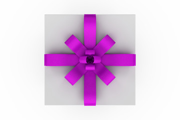 White gift box with violet ribbon bow
