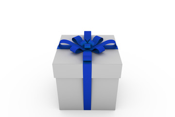 White gift box with blue ribbon bow