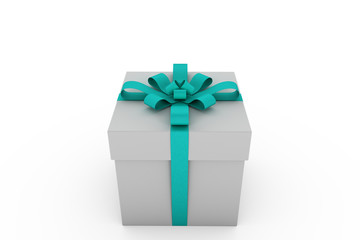 White gift box with cyan ribbon bow