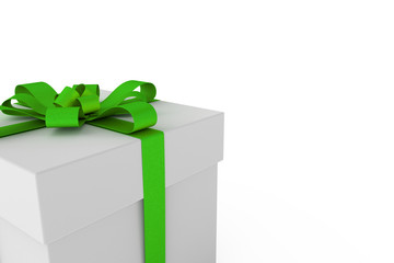 White gift box with green ribbon bow