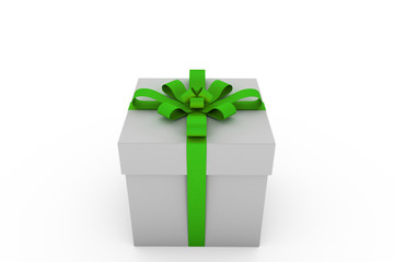 White gift box with green ribbon bow