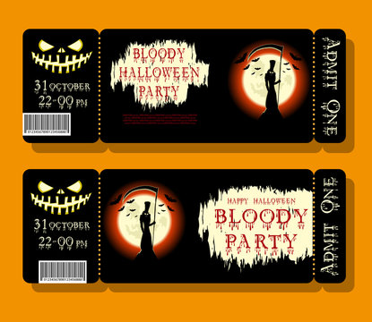 Set of Happy Halloween ticket or flyer on holiday party with figure death, pumpkin, scary castle and monster bats on dramatic moon background. Bloody letters. Cartoon style. Vector illustration