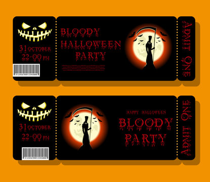 Set of Happy Halloween ticket or flyer on holiday party with figure death, pumpkin, scary castle and monster bats on dramatic moon background. Bloody letters. Cartoon style. Vector illustration